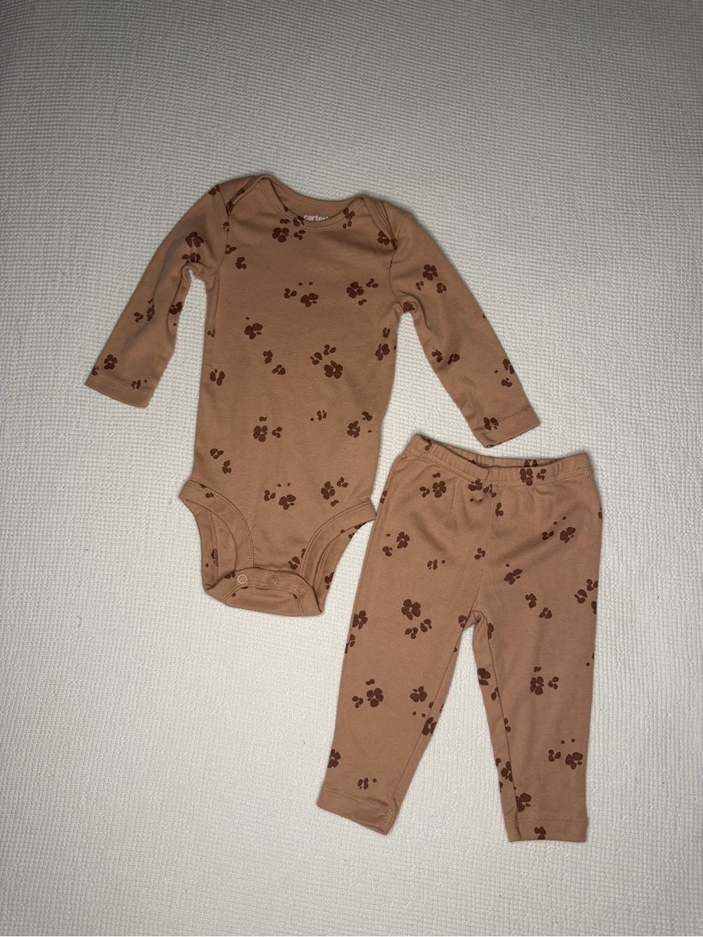 Carter's Tan One-Piece and Pants Set with Brown Paw Prints
